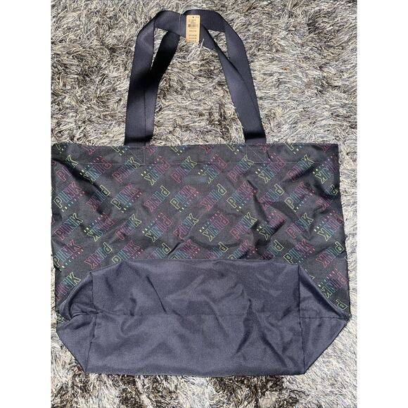NWT PINK Victoria Secret Black Multi Color Logo Zipper Closure Large Tote NEW - Picture 4 of 7
